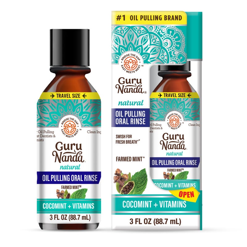 GuruNanda Travel Size CocoMint Oil Pulling Mouthwash, 7 Essential Oils & Vitamins, Promotes Fresh Breath & Happy Gums, No Alcohol & Fluoride, 3 oz - Image 1